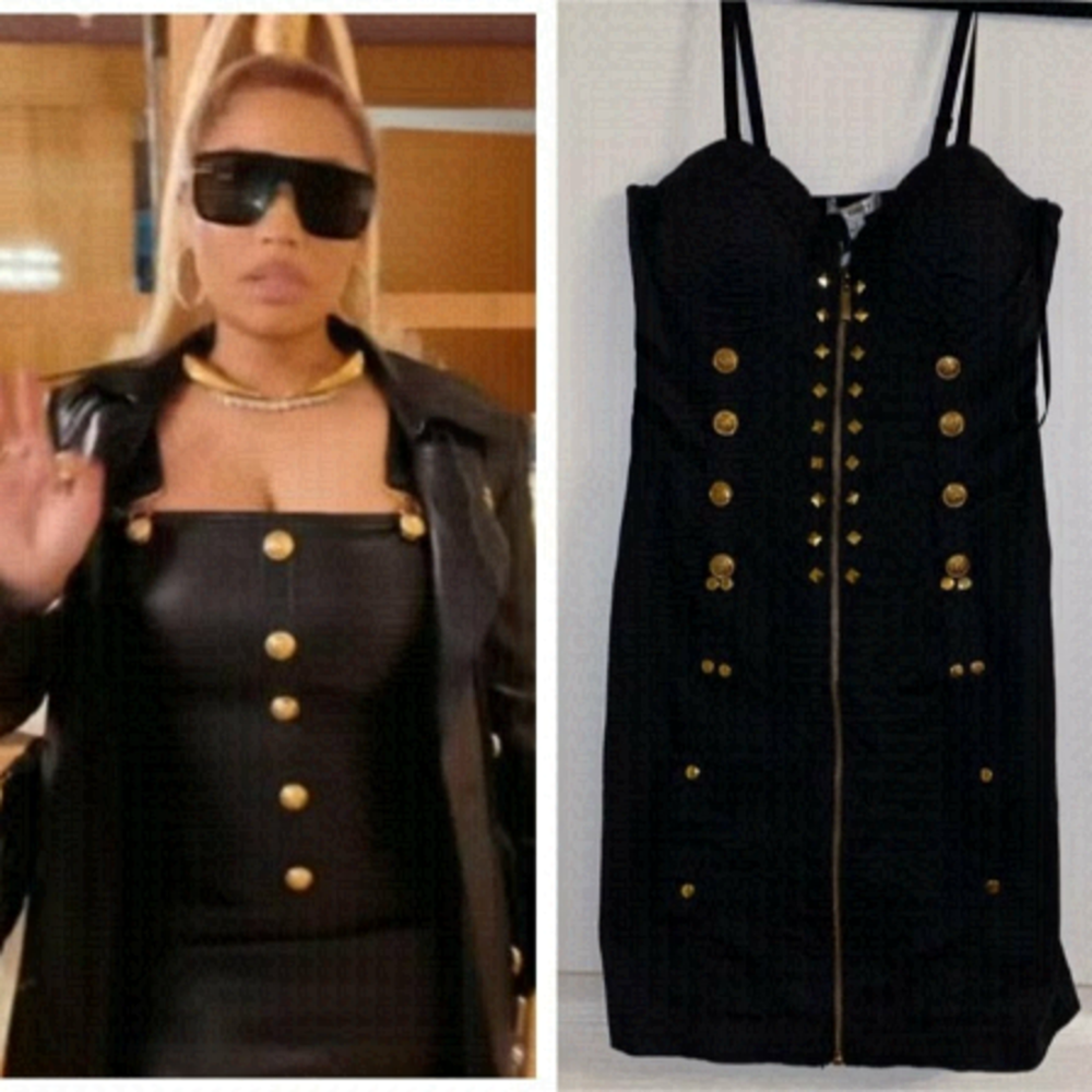 Entry Black Bustier Mini Dress Adjustable Straps Gold Buttons Size Small.